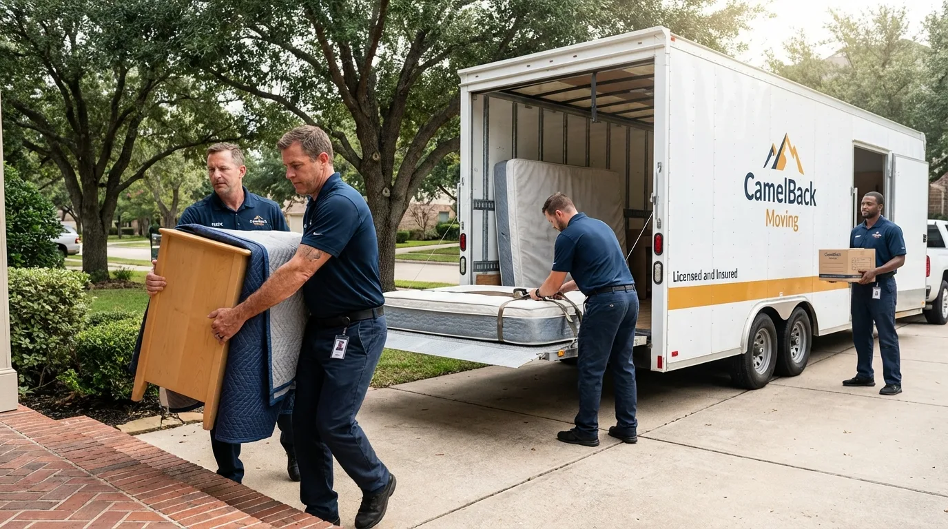 Crew loading residential truck for cross-state move from Roberts, WI