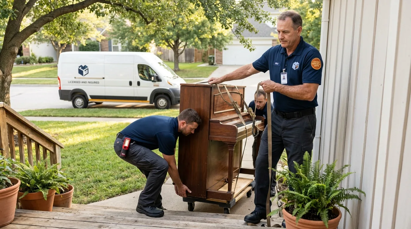 Licensed piano movers securing grand piano in Roberts, WI