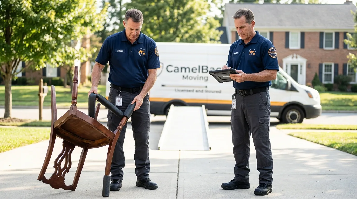 Movers inspecting furniture for damage prevention before loading in Roberts, WI