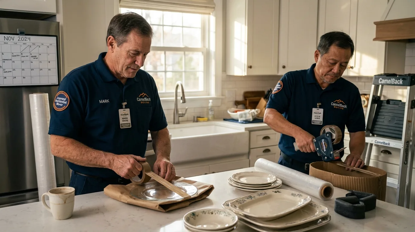 Professional crew packing kitchen dishware in Roberts, WI